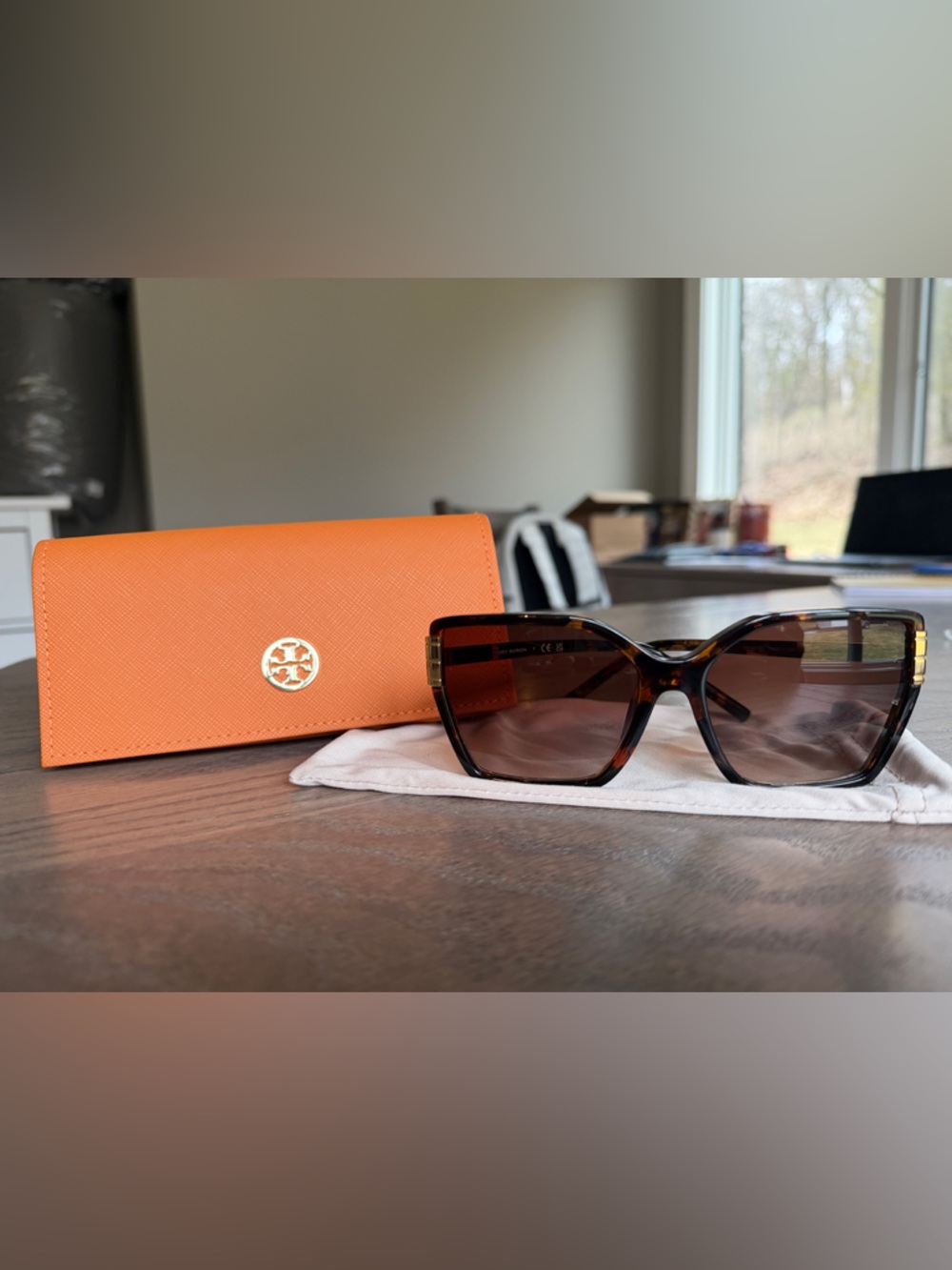 Tory Burch Orange Saffiano Case with Brown Tortoise Sunglasses
